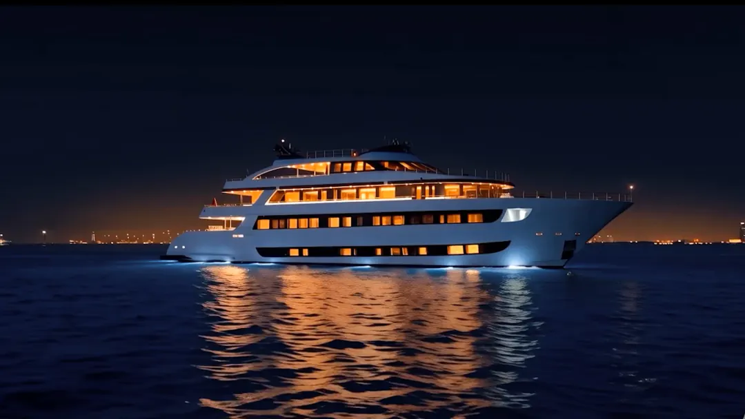 The DRAGON at night, every deck lit up, the lights reflected in the water